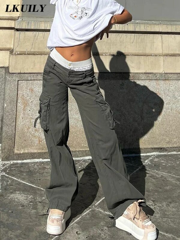 Calças de carga feminina nova y2k streetwear calças casuais moda famale roupas estética botão cintura baixa calças retas macacão