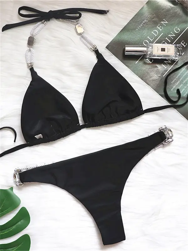 Sexy Solid Black Bikini 2022 Women Diamond Rhinestone Push Up Luxury Swimsuit Girl Bathing Suit Thong Swimwear Vacation Outfits