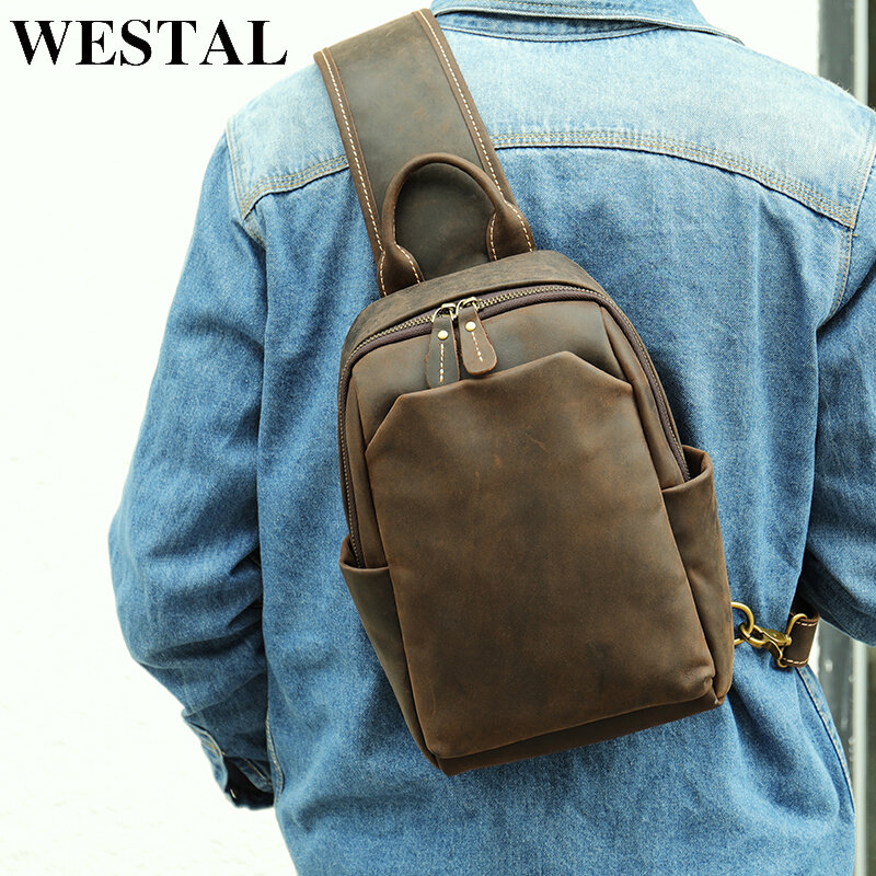 WESTAL – sac de poitrine Vintage pour hommes, sacs à bandoulière en cuir de cheval fou, sac à bandoulière en cuir véritable pour hommes