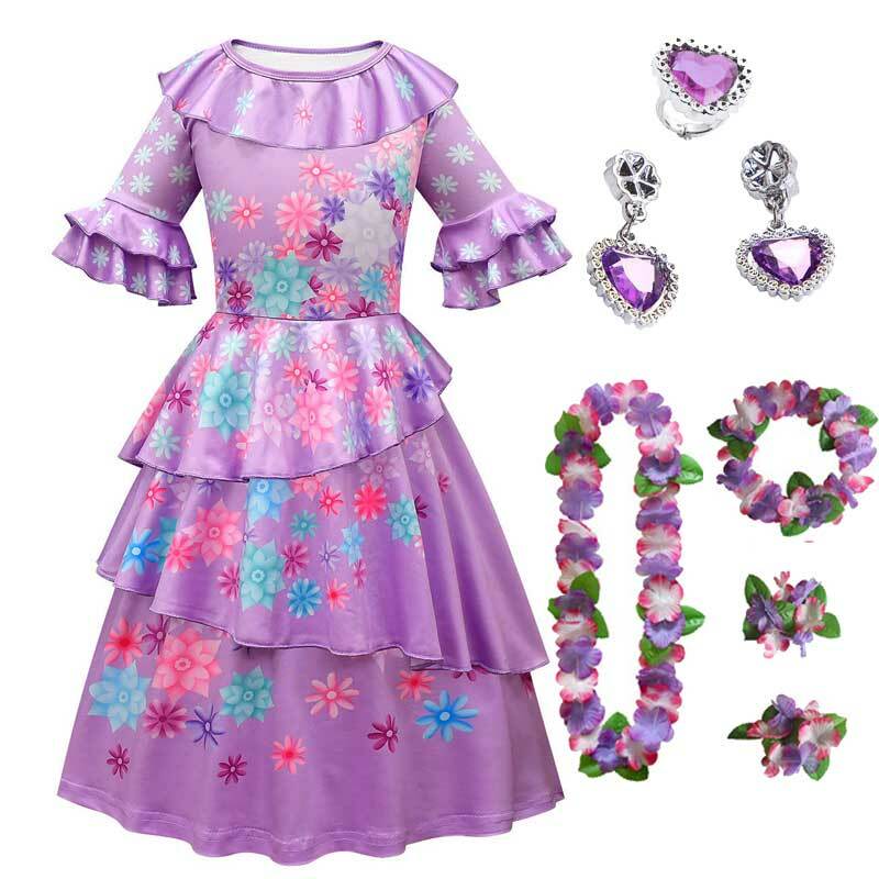 Kostum Anak Perempuan Encanto Isabella Cosplay Putri Nami Pakaian Pertunjukan Gaun Tari Ungu Anak-anak