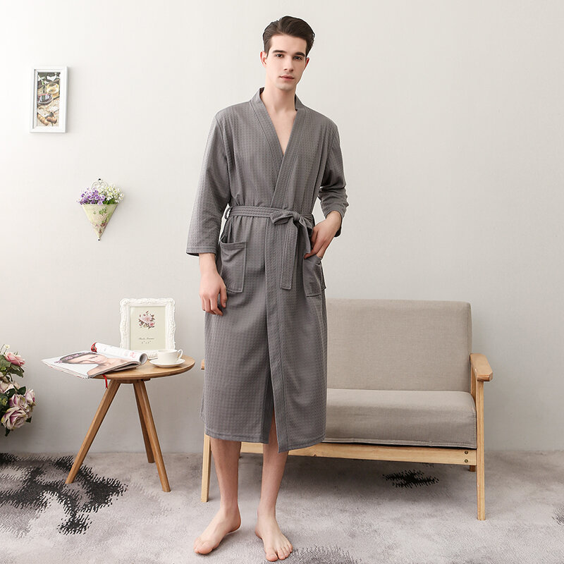 Homens verão roupão waffle sólido vestir pijamas banho robe macio acolhedor nightrobe sleepwear feminino homewear hotel spa camisola