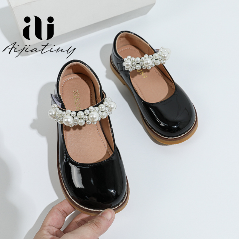 Spring Kids Leather Shoes Fashion Rhinestone Bowtie Girls Princess Shoes 2023 Flat Baby Girl Shoes