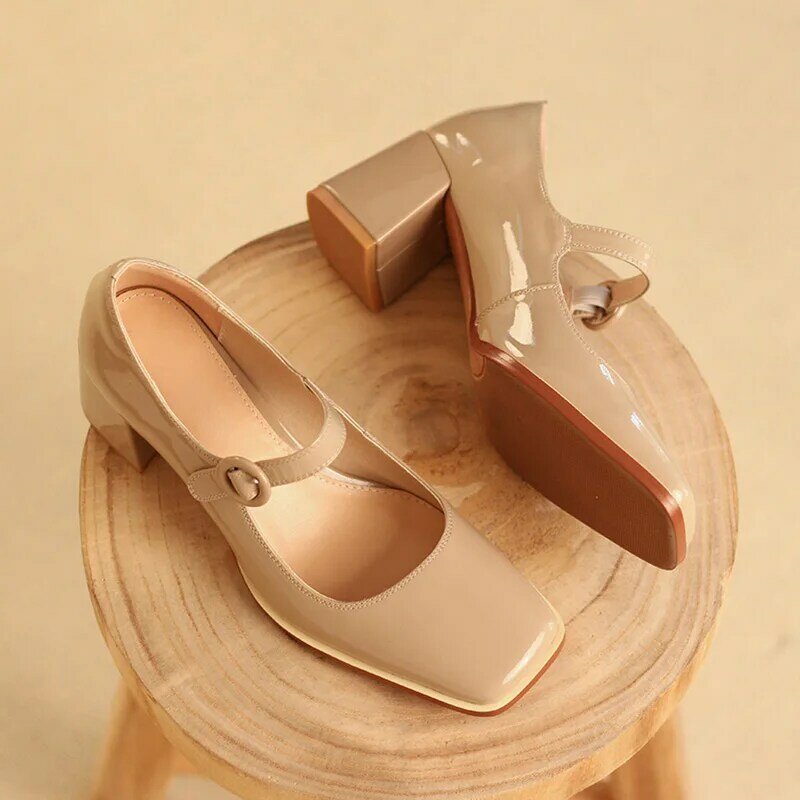 Sepatu Wanita Bertumit Blok Sepatu Mary Janes Kulit Sapi Sepatu Tali Gesper Sepatu Hak Tinggi Alas Kaki Wanita Sepatu Pernikahan Buatan Tangan