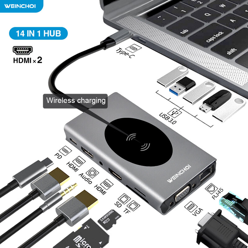 Adaptador USB tipo C para compatível com HDMI, Docking Station, Multi USB, PD 3.0, USB-C para MacBook Pro Air, 4K Splitter, OTG, Vga, RJ45 Lan