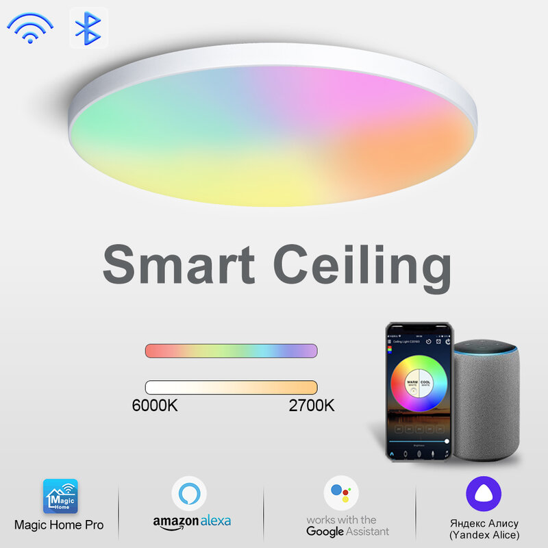 Потолочный светильник RGBCW, дистанционное управление через приложение, с голосовым управлением, с регулируемой яркостью, светодиодный умный потолочный светильник для гостиной с Alexa/Google, 28/30 Вт