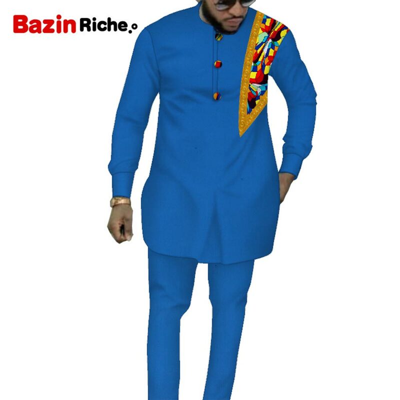 Afrykańskie męskie ubrania garnitur Dashiki męskie spodnie Top 2 sztuk strój zestaw Riche koszula z spodni WYN1317