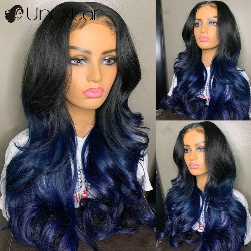 Perruque Lace Front Wig Remy Brésilienne Naturelle Cheveux Ondulés, Bleu Foncé Ombré, 13x4, HD Transparent, Densité 250%, pour Femme