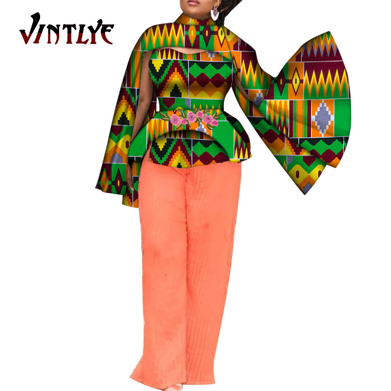 African Fashion Dashiki Women Shirt Bazin Riche Print Flare Sleeve Top with Shawl Lady Casual Top Coat Nigerian Clothes WY7397