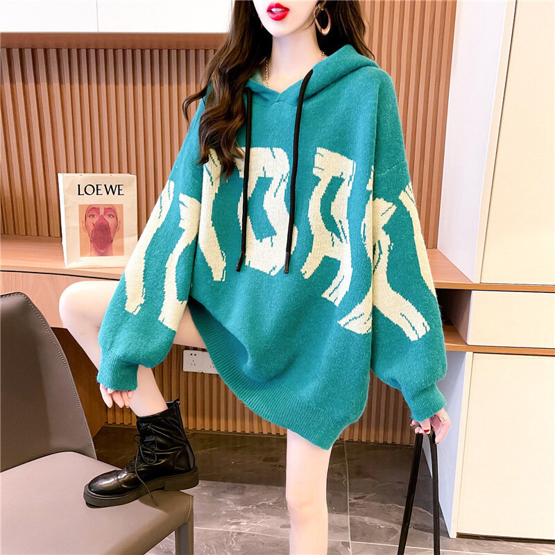 DAYIFUN Oversize Korean Fashion Hooded Knitted Sweater Women O-neck Loose Jacquard Letter Mid-length Tops Autumn And Winter Coat
