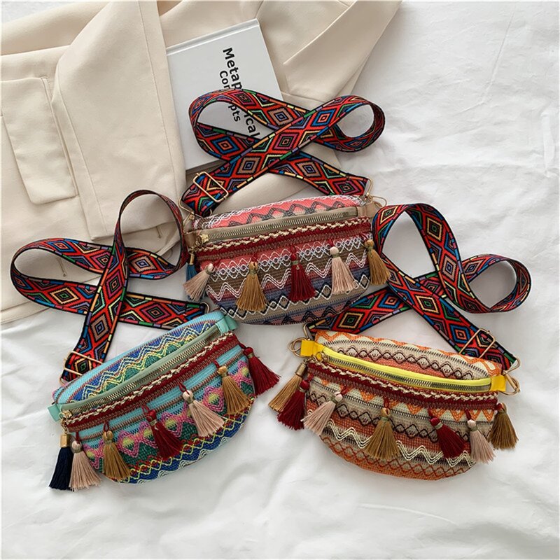 Women Folk Style Waist Bags with Adjustable Strap Variegated Color Fanny Pack with Fringe Decor