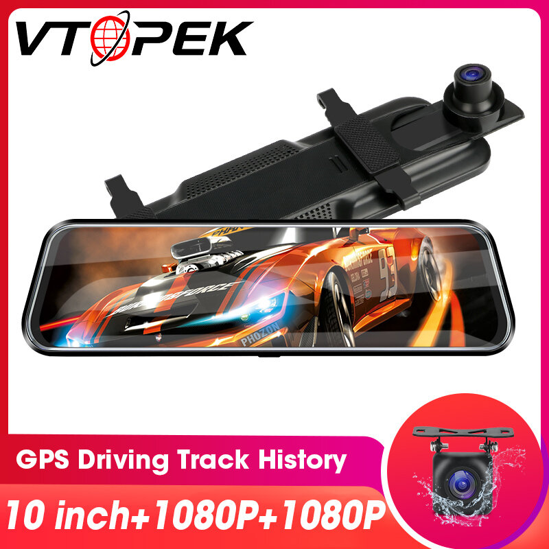 Vtopek 자동차 DVR 10 인치 터치 스트리밍 미디어 미러 대시 캠 듀얼 렌즈 1080P Rearview 카메라 GPS 비디오 레코더 HD 야간 투시경