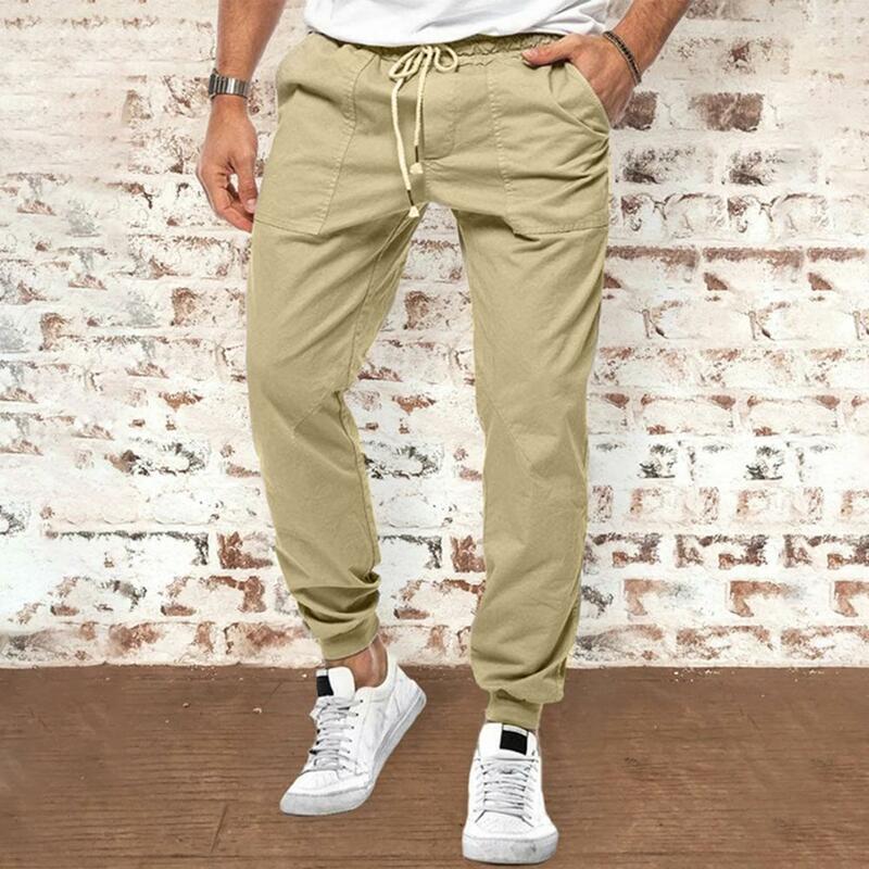 Pantalones Cargo de cintura suelta con cordón para hombre, pantalón informal de cintura alta, sólido, con bolsillo, para correr, Verano