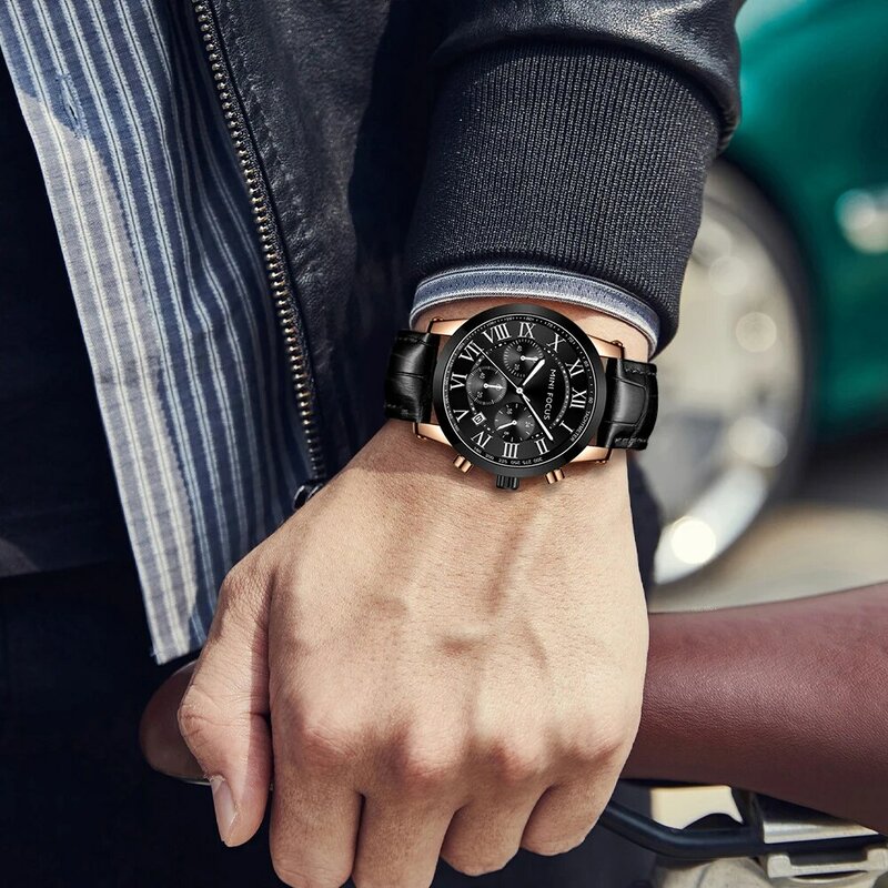 Mini foco moda negócios relógio de quartzo para homem luminoso mãos multifunction sub-mostradores luxo couro genuíno cinto relógios masculinos