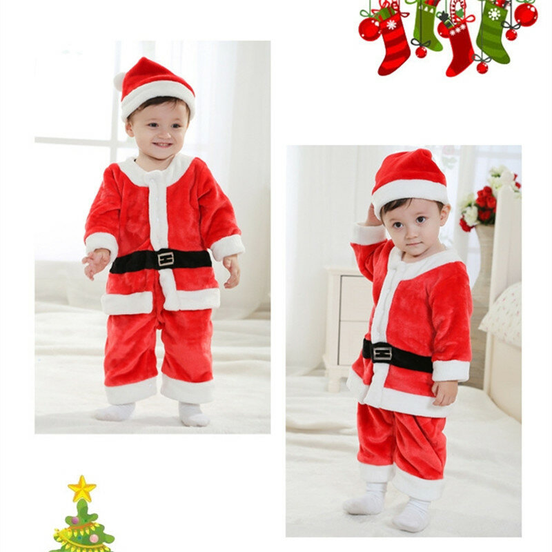 New Year Christmas Costume Kids Baby Clothing Sets Winter Fleece Tops+Pants+Hats Boys Girls Children Clothes Santa Claus Outfit