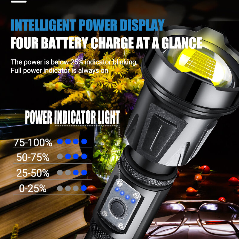 超強力なLED懐中電灯xhp360,戦術的な5つの照明モード,USB充電式,26650バッテリー,キャンプ用ランタン