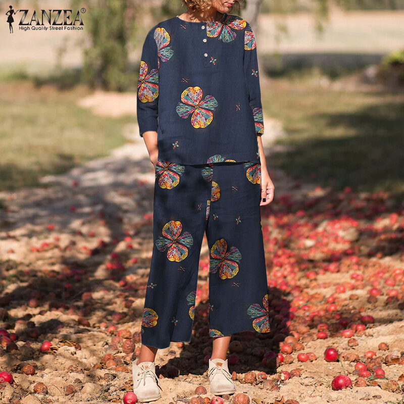 ZANZEA-Conjuntos de algodón con estampado Floral Vintage para mujer, ropa holgada informal, Top de manga 3/4 y pantalón de cintura elástica, 2 piezas