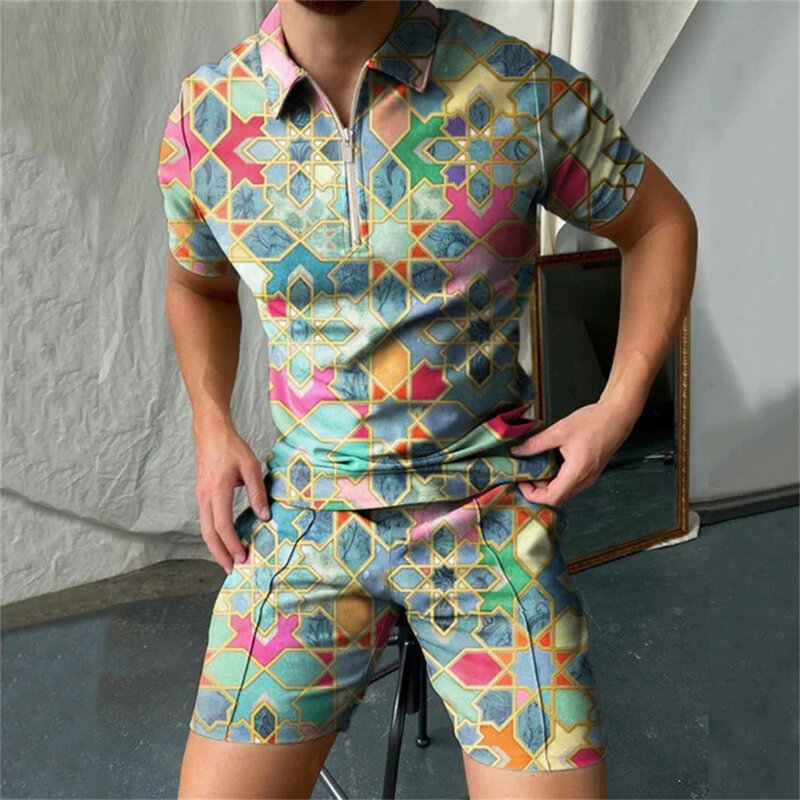 2022 männer der Trainingsanzug 3D Print Short Sleeve Zipper Polo Shirt & Shorts Set für Männer Casual Streetwear 2-stück Anzug Sommer Übergroßen