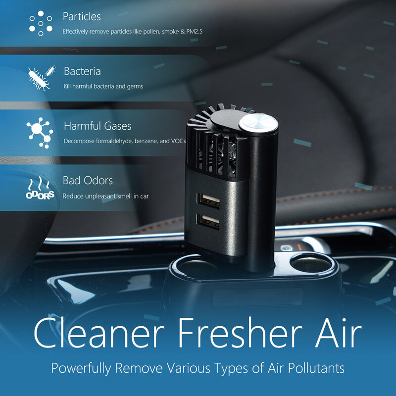 Minipurificador de aire para coche, generador de iones negativos con cargador rápido USB Dual único, filtro de aire que elimina la niebla y el olor de formaldehído