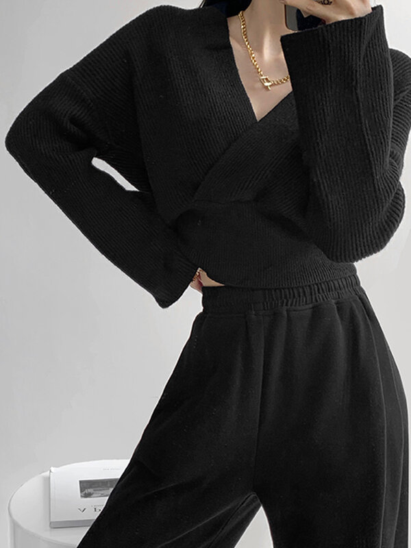 Französisch Vintage Pullover Crossover Mode V-ausschnitt Wrap Pullover Y2k Kleidung Lange Hülse Frauen Pendeln Pullover Streetwear Tops
