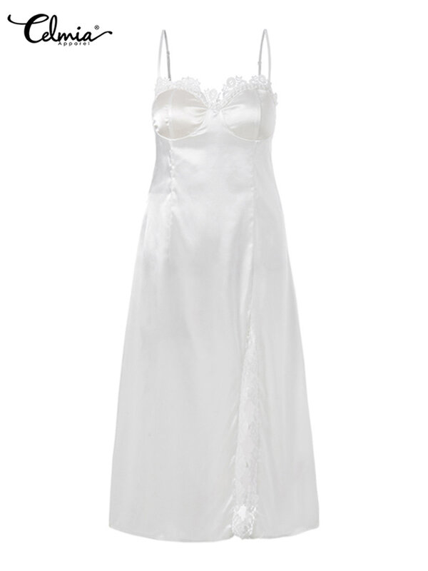 Celmia ผู้หญิง Nightgowns เซ็กซี่2022ใหม่หลวม Homewear 5XL สปาเก็ตตี้ของแข็งชุดนอนแฟชั่นชุดปักลูกไม้ชุดนอน