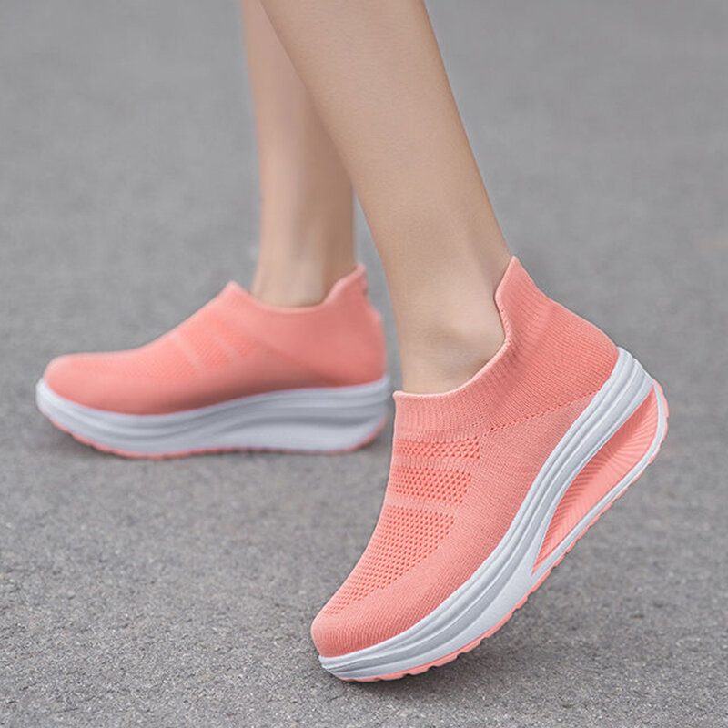 2022ฤดูใบไม้ผลิรองเท้าผ้าใบรองเท้าผู้หญิง Breathable ตาข่ายรองเท้าวิ่งลำลองรองเท้าสีขาวผ้าถัก Wedges ...