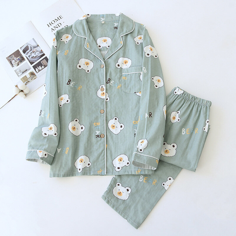 Conjunto de pijamas de gasa 100% de algodón para mujer, ropa de dormir cómoda con estampado de gato y dibujos animados, camisa con cuello vuelto y pantalones, 2 piezas
