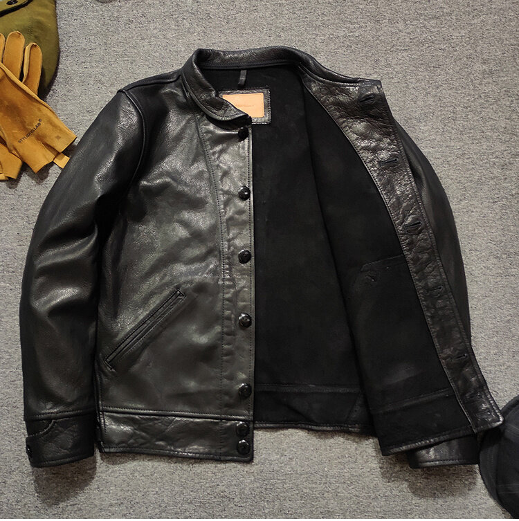 YR!Free shipping.Vintage style genuine leather jacket.Luxury quality oil goatskin leather coat.Brand new leather cloth.No lining