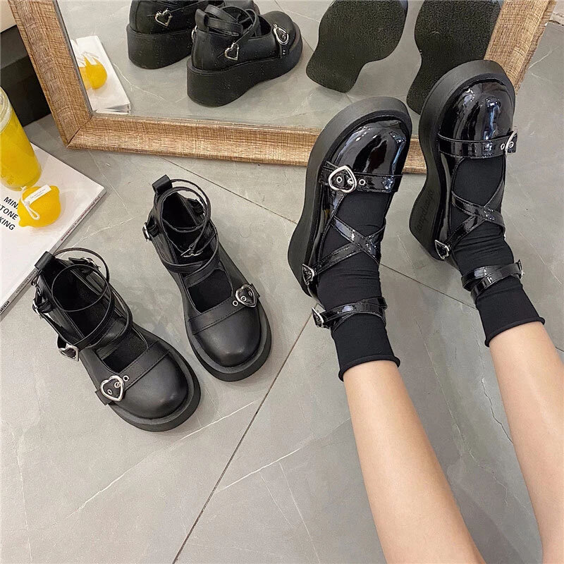 Y2K sepatu hak tebal mode Wanita Korea sepatu Platform Gotik Lolita Mary Jane seragam hitam JK Kawaii Cosplay