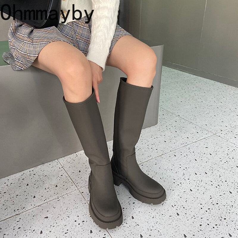 Botas gruesas hasta la rodilla para mujer, zapatos planos de plataforma con cremalleras de cuero PU, botas largas a la moda para invierno, 2022