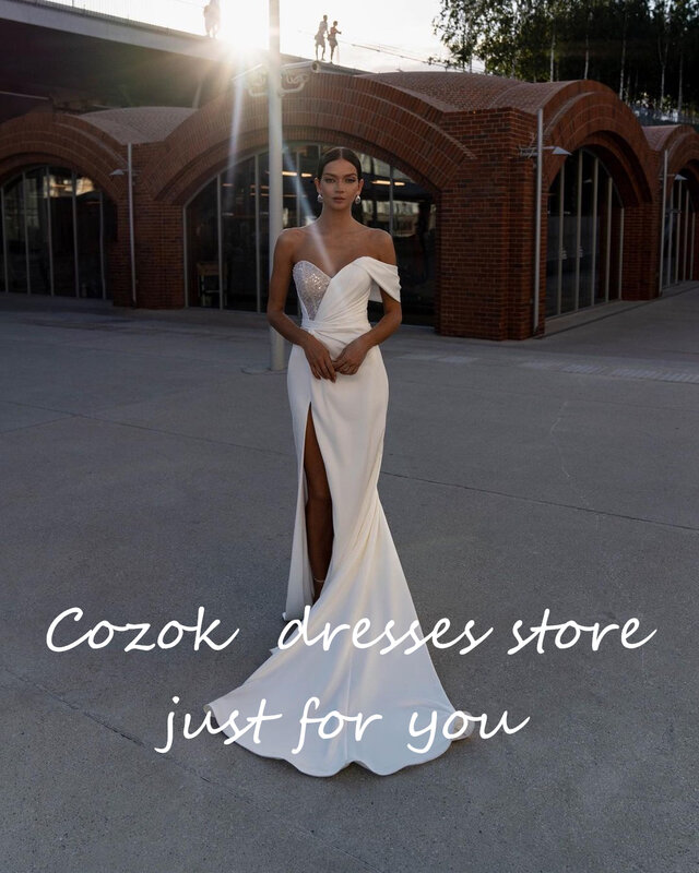 COZOK Boho gaun pernikahan putri duyung gaun pernikahan Split sisi tinggi tanpa lengan bahu satu gaun pengantin Bohemian gaun pengantin