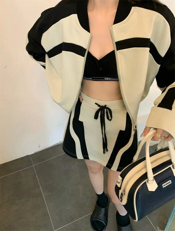 Feminino 2 peça conjunto hit color zip com capuz manga comprida camisolas casaco + estiramento cintura a linha saias casual moda terno agasalho