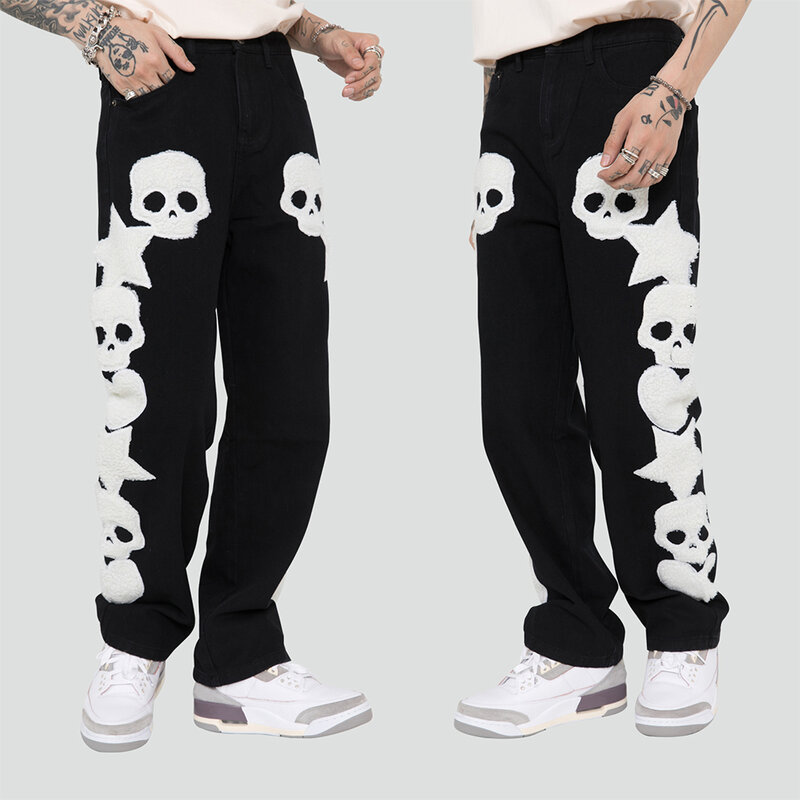 Furry Skull Letter Star Patches Denim Pants Winter Spring High Street Punk Goth Gothic Jeans Women Trousers Couple Streetwear