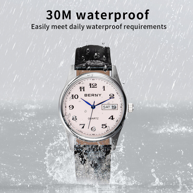 BERNY Miyota 2405 biznes zegarek kwarcowy zegarek dla kobiet prawdziwej skóry dzień data kalendarz klasyczne Lady zegarki wodoodporne