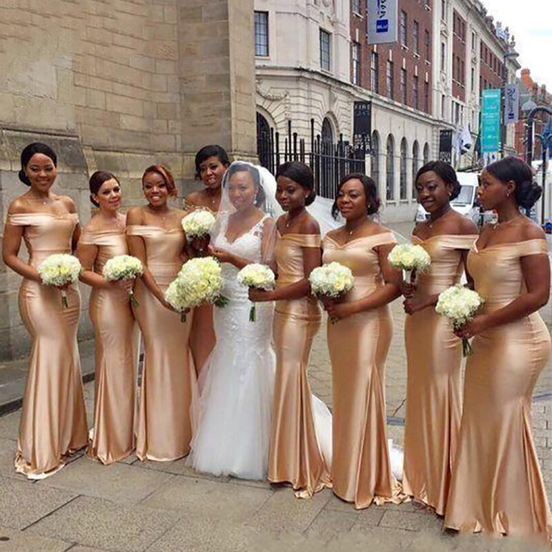 2022 różowe złoto syrenka sukienki druhen piętro długość Off Shoulder Maid of Honor sukienka na wesele gości suknia wieczorowa szata Invité