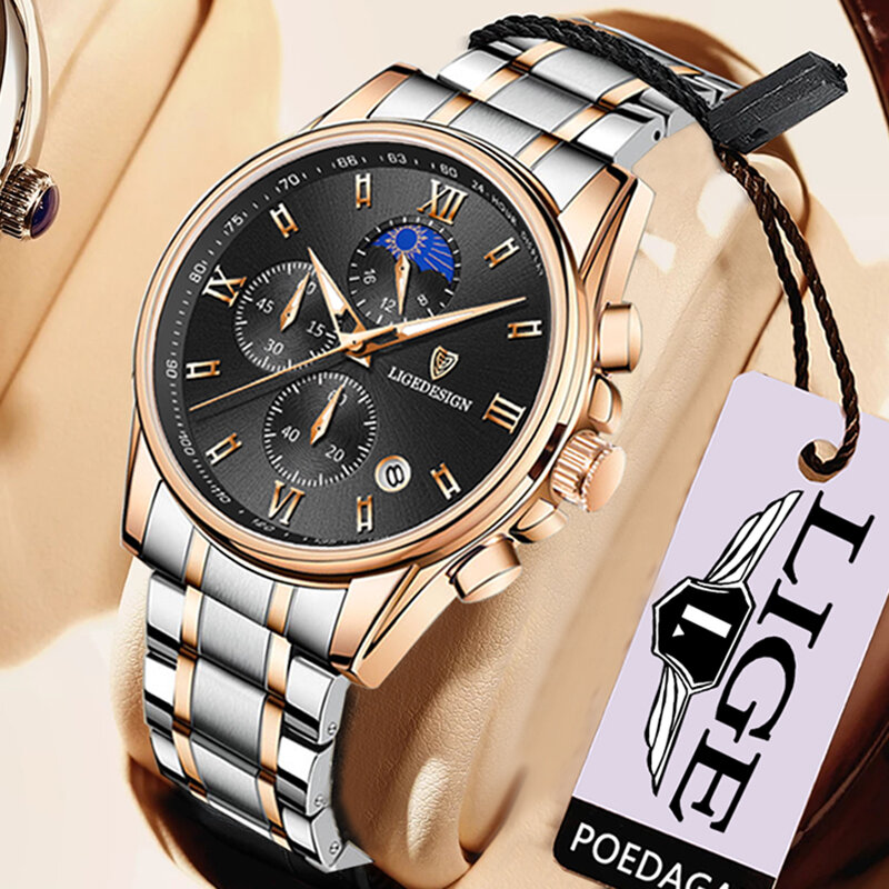 Lige relógios masculinos grande dial luxo negócios clássico relógio de quartzo cronógrafo esporte pulseira de aço à prova dwaterproof água relógio de pulso para homem
