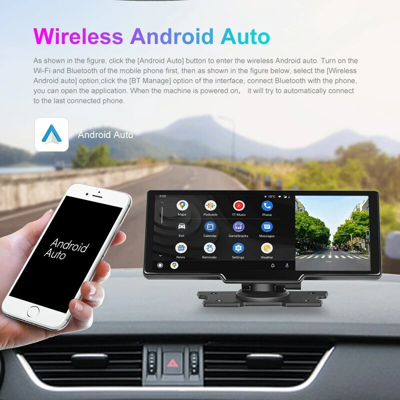 Podofo 9.3" Dash Cam Rearview Camera Wifi Carplay & Android Auto 2K DVR GPS Navigation Video Recorder Dashboard Dual Len DVRs