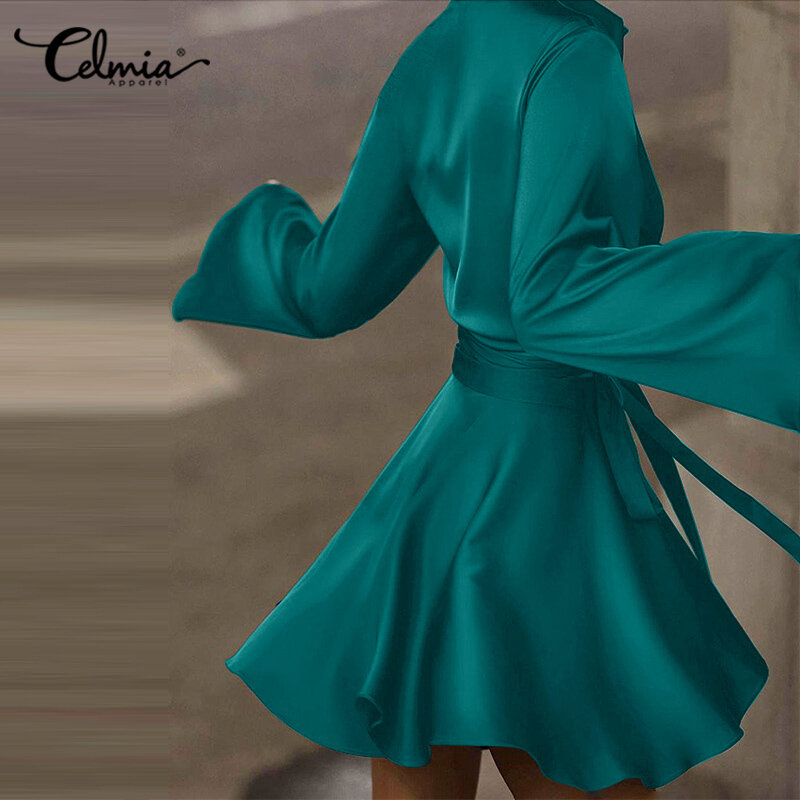 Women Fashion Stain Silk Dress Sets 2022 Celmia 2 Pieces Elegant OL Style Suits Long Sleeve Shirt Mini Skirts Bandage Party Sets