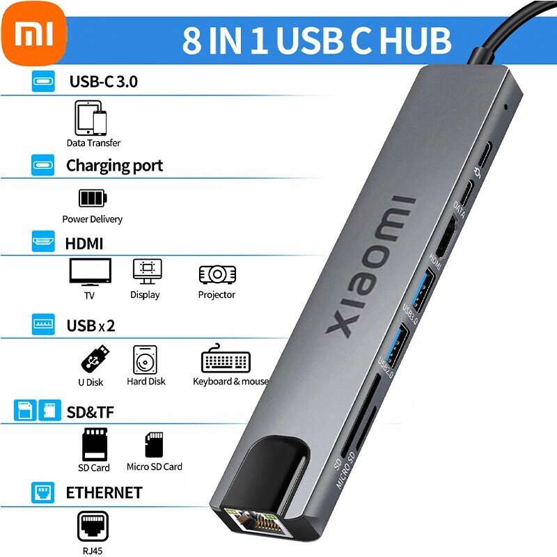 XIAOMI-estación de acoplamiento USB tipo C 8 en 1, HUB USB 3,0, adaptador de ordenador, HDMI, SD/TF, lector de tarjetas para teléfono, portátil, periféricos