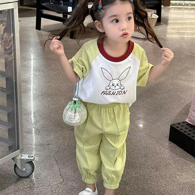Set pakaian Perempuan Korea baru, setelan baju celana kaus lengan pendek dua potong, pakaian bayi gadis kecil