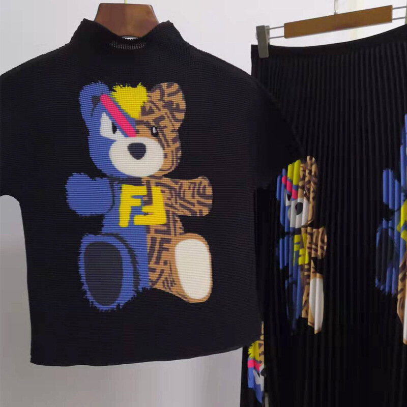 Atasan Kaus Berlipat Setelan Rok Bust Berlipat Dua Potong Setelan Pakaian Wanita Musim Panas Mode Populer Lengan Pendek Kartun Beruang Panjang