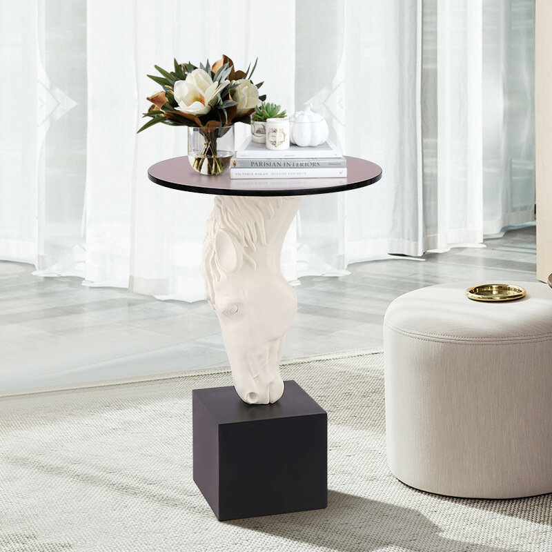 Mesa auxiliar de sofá de diseño nórdico, mesas redondas de centro de resina con cabeza de caballo, escultura creativa, adornos de mesa redonda pequeña para sala de estar