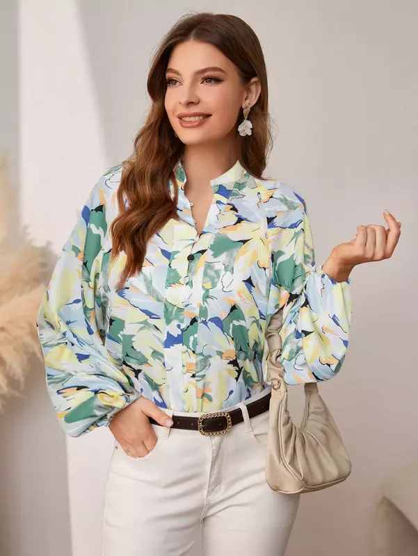 Holiday buttons lantern sleeves printed women shirt Autumn casual long sleeve beach blouse Loose female elegant shirts