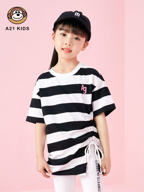 A21 Girls' Casual Short-Sleeved T-Shirt 2022 Summer Pure Cotton Letter Printing Striped Drawstring Knitted Loose Round Neck Top
