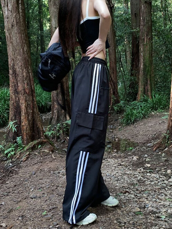 Y2K paski patchworkowe spodnie Cargo kobiety wysoki stan szerokie nogawki joggery luźne spodnie spadochronowe Streetwear luźne hiphopowe spodnie dresowe