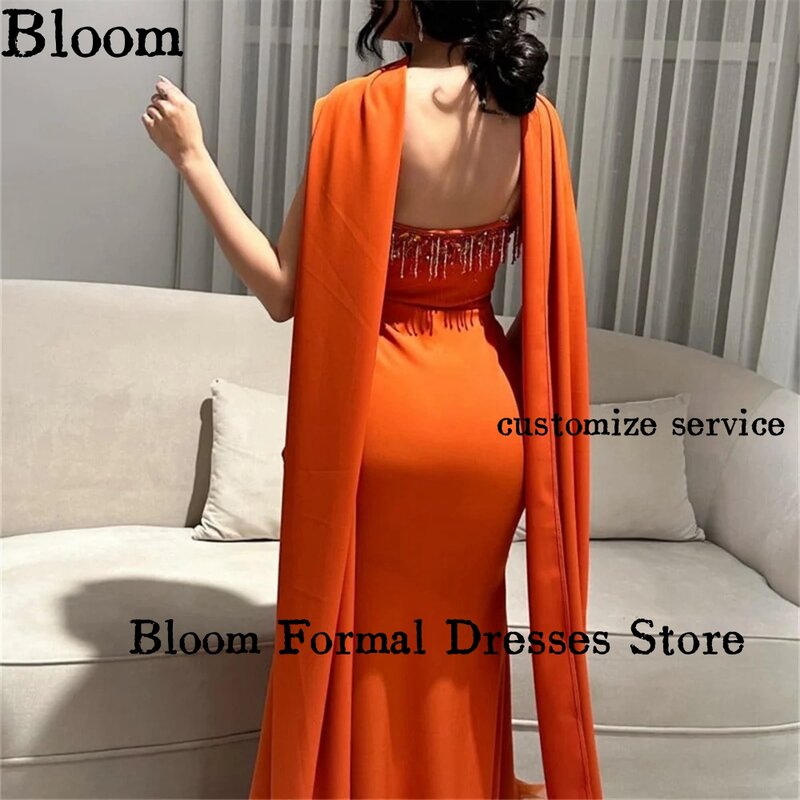 Bloom-Vestidos de Noche de sirena sin tirantes naranja, volantes con chal, abertura frontal, elegantes vestidos formales de fiesta de boda para graduación