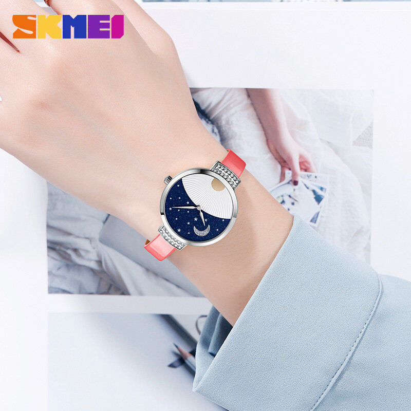 SKMEI-reloj de cuarzo para mujer, pulsera con correa de cuero, esfera Simple, reloj de movimiento de cuarzo, relojes de mujer para regalo