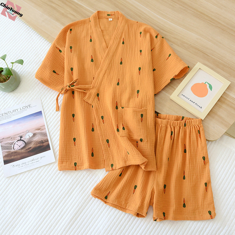 Conjunto de pijama de quimono feminino, crepe de algodão, shorts de manga curta, suor fino, roupas a vapor, roupa doméstica, frênulo, verão