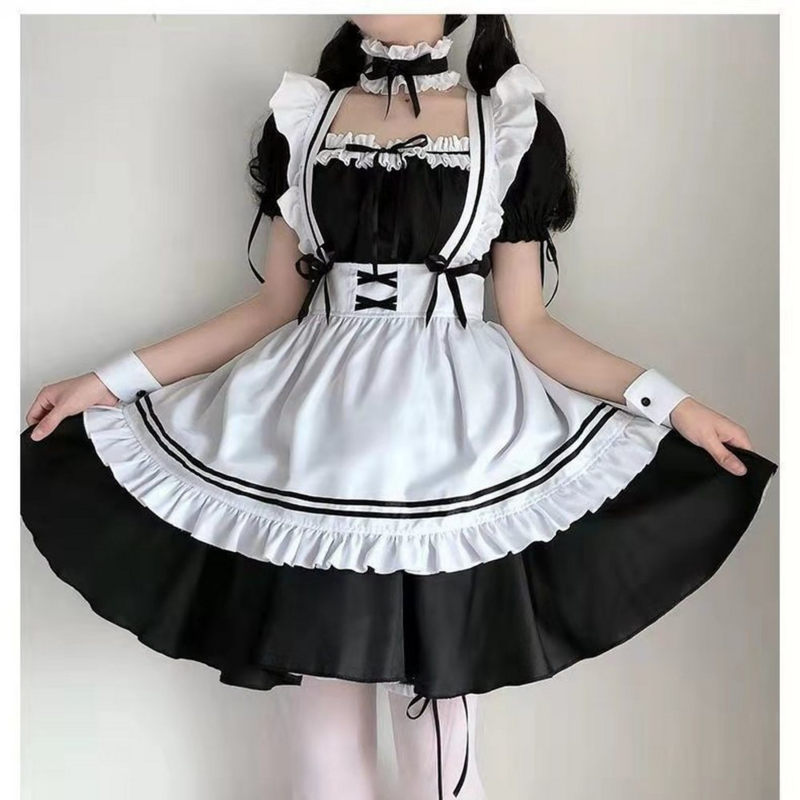 Czarno-białe kobiety strój pokojówki sukienka Lolita słodkie Anime czarny biały fartuch Cosplay pokojówka sukienka mężczyźni jednolite Cafe kostium