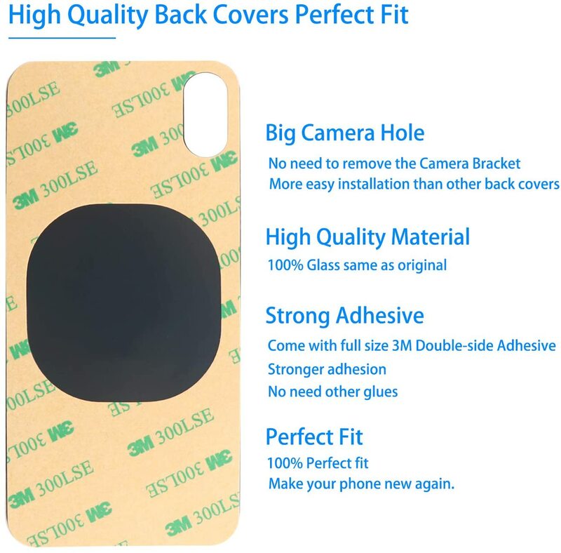 IPhone XS Maxの背面ガラスパネル,バッテリーカバー付きのスペアパーツ,大きな穴,3Mテープ