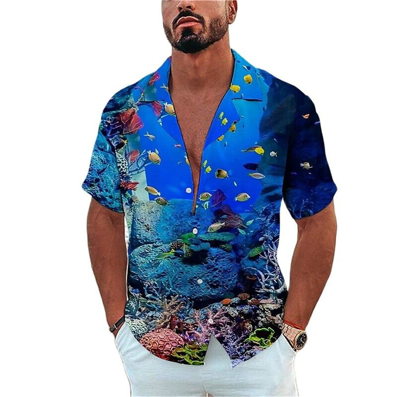 Kemeja pria motif kehidupan laut kaus gaya liburan pantai kemeja Hawaii Fashion Lapel berkancing sebaris santai lengan pendek